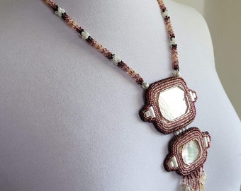 Bead-embroidered  Mother of of Pearl Beaded Necklace