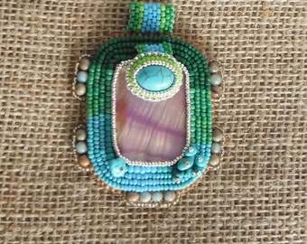 Sand and Sea Bead Embroidered Pendant