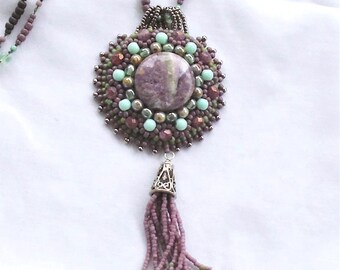 Small Tasseled Charoite Pendant with Sterling on Long Necklace