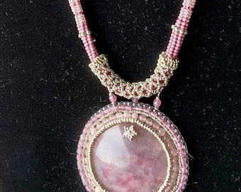 Beautiful Lavender bead-emboidered Rose Quartz Necklace