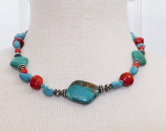 Genuine Turquoise Necklace with Coral and Sterling