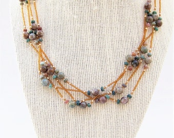 Green and Gold Multistrand Jasper Necklace and Earring Set