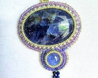 Bead-embroidered  Iolite and Tanzanite with Sterling Silver Pendant