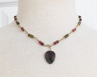 Tourmaline Necklace with Carved Agate Leaf Pendant