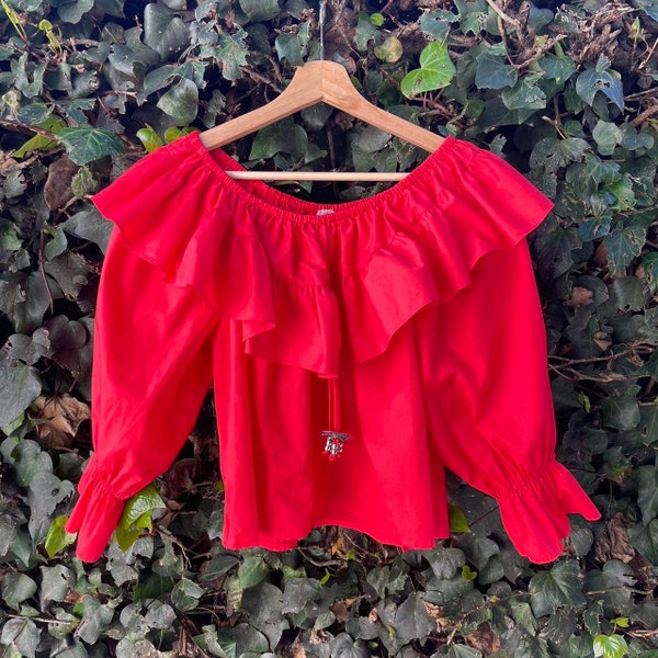 SALE 1980's Malco Modes Top/Vintage 1980's Red Ruffled Blouse/Vintage 1980's Ruffled Blouse/1980's Cotton And Polyester Red Blouse/Vintage