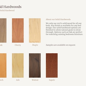 May include: A display of eight solid hardwood samples labelled Oak, Cherry, Maple, Beech, Ash, Walnut, and Sapele. The text reads Solid Hardwoods, 100% Solid Hardwood, About our Solid Hardwoods, and Samples are available on request, detailing wood usage.