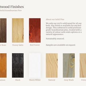 May include: A display of Softwood Finishes featuring 100% Solid Scandinavian Pine. Eight wood samples are shown with labels: Coffee Bean, Honey Satin, Red Forest, Cinnamon, Black, Warm White, Natural, Grey Wash, and Untreated. Text describes the solid wood.