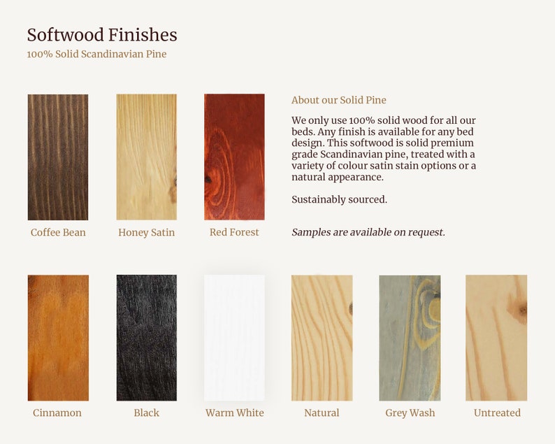 May include: A display of Softwood Finishes featuring 100% Solid Scandinavian Pine. Eight wood samples are shown with labels: Coffee Bean, Honey Satin, Red Forest, Cinnamon, Black, Warm White, Natural, Grey Wash, and Untreated. Text describes the solid wood.