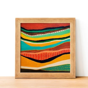 Impresión de paisaje de montaña abstracto enmarcado, arte de pared en tonos terrosos cálidos, póster de arte abstracto moderno, decoración de pared contemporánea enmarcada, impresión cuadrada