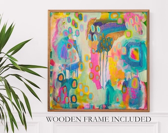 Large Framed Abstract Art Print, Original Painting Print with Wooden Frame, Colorful Wall Art