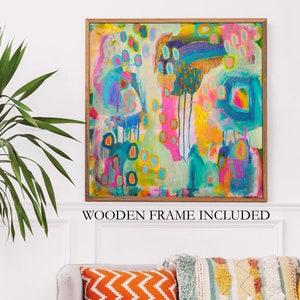 Large Framed Abstract Art Print, Original Painting Print with Wooden Frame, Colorful Wall Art