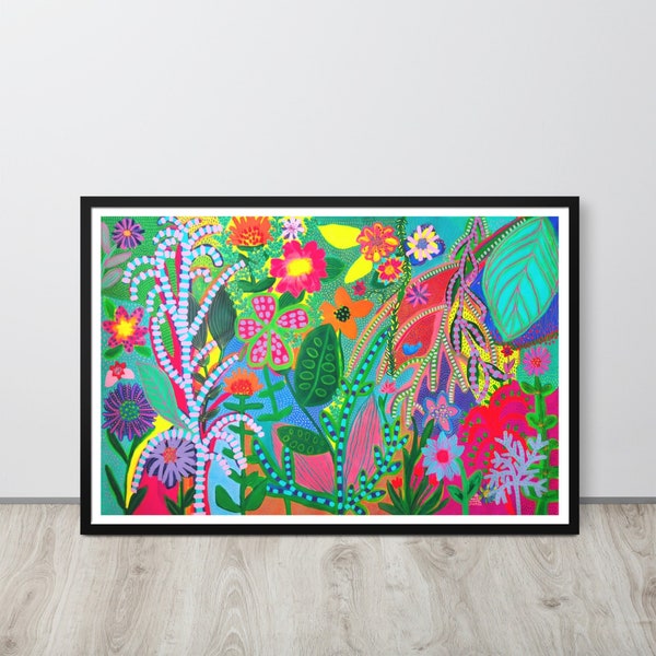 FRAMED Maximalist Wall Art Vibrant Contemporary Painting Print Bright Colorful Botanical Poster Whimsical Flowers Wall Art Original