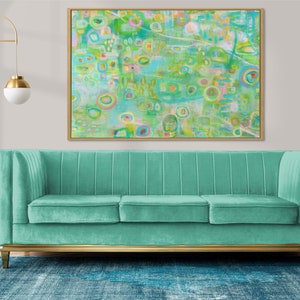 Impresión de arte abstracto pastel suave, cartel de pintura original, decoración de pared relajante para el dormitorio, obras de arte de paisaje verde azul