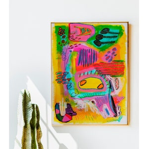 Gran impresión de pintura abstracta original, póster de arte contemporáneo multicolor brillante, arte de pared colorido para sala de estar, decoración maximalista ecléctica