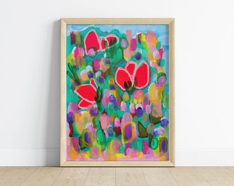 Red Poppies Abstract Painting Print Colorful Botanical Wall Art Bright Contemporary Art Print Vibrant Modern Abstract Wall Art Poster