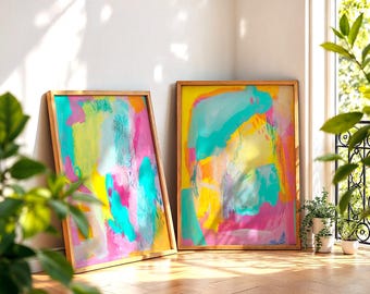 Zestaw dwóch abstrakcyjnych wydruków – Dopamina, grafika ścienna, jasna, nowoczesna, pastelowa estetyka, kolorowe plakaty