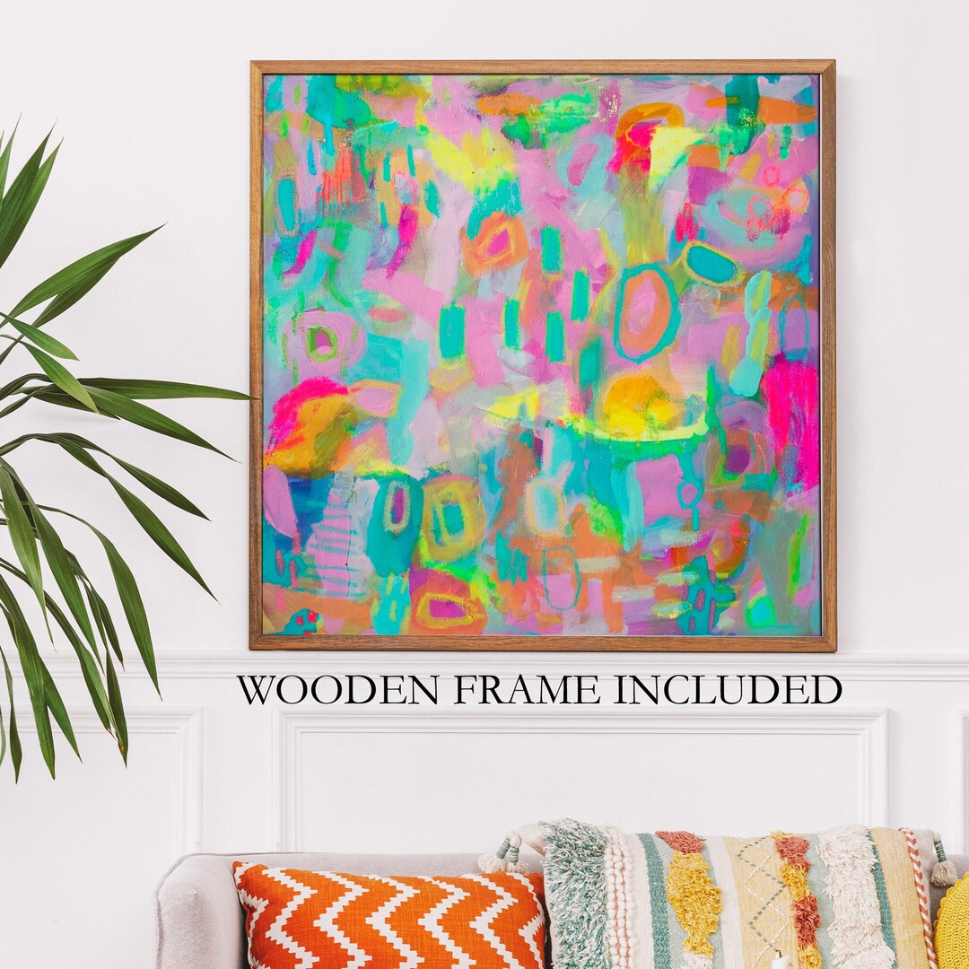 Large Framed Abstract Art Print, Colorful Poster With Frame, Bright Contemporary Wall Art Ready