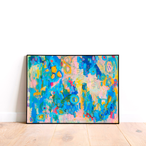 Impresión de pintura abstracta original enmarcada, póster de arte abstracto moderno colorido brillante con marco de madera para decoración de pared de sala de estar
