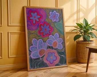 FRAMED Funky Botanical Art Print – Original Floral Wall Art, Colorful Whimsical Flowers Poster with Frame, Eclectic Home Decor