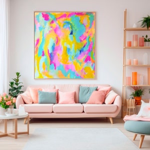 Large Vibrant Dopamine Decor Wall Art - Bright Abstract Painting Print, Colorful Modern Wall Art, Multicolor Pastel Maximalist Home Decor
