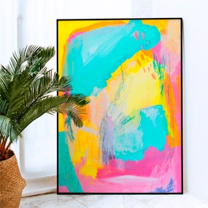 Arte de parede abstrata alegre e brilhante - Impressão de arte moderna, pôster contemporâneo colorido, impressão rosa vibrante, decoração de parede com dopamina