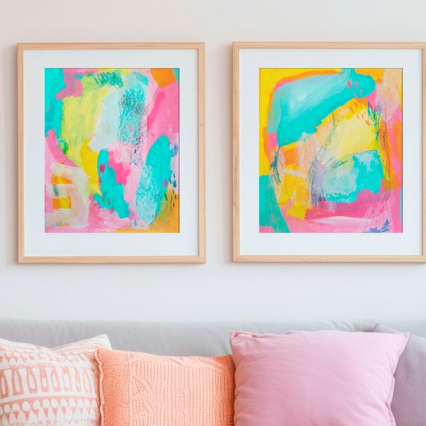 Vibrant Printable Original Pastel Abstract Art, Colorful Modern Wall Art Print Set, Bright Eclectic Gallery Wall Prints,