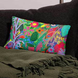 Colorful Floral Pillow Case – Vibrant Botanical Art Cushion Cover, Bright Boho Home Decor, Maximalist Sofa Accent Throw Pillow