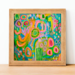 Impresión de pintura abstracta brillante, arte de pared moderno colorido, póster de arte contemporáneo vibrante, decoración de pared cuadrada multicolor original