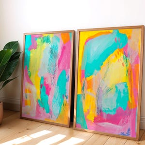 Set of 2 Abstract Art Posters - Bright Pastel Abstract Art, Dopamine Home Decor, Trendy Aesthetic Wall Decor, Vibrant Colorful Wall Art