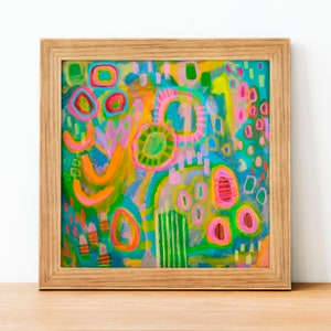 Impresión de pintura abstracta colorida enmarcada grande, lista para colgar, arte de pared contemporáneo original, póster de arte abstracto moderno brillante con marco