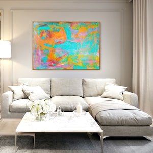 Impresión de paisaje abstracto grande, póster de arte abstracto moderno brillante, arte de pared colorido vibrante para sala de estar, decoración ecléctica del hogar