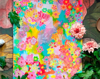 Impression d'art floral fantaisiste et vibrante, affiche de fleurs stylées colorées, décoration d'intérieur printanière, tirages de peintures originales, décoration murale éclectique