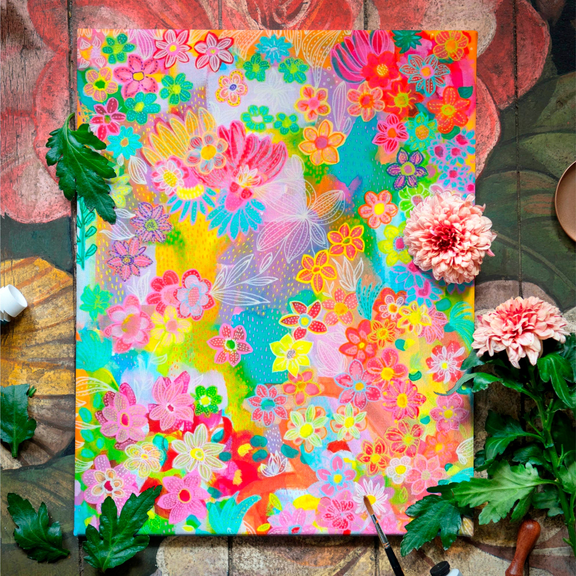 Vibrant Whimsical Floral Art Print - Colorful Funky Flowers Poster