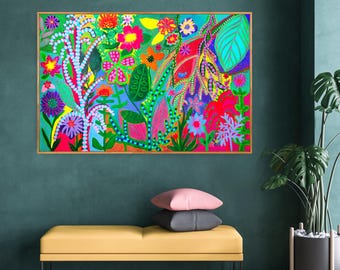Large Framed Floral Print, Colorful Tropical Botanical Wall Art, Bright Flower Painting Poster for Home Decor