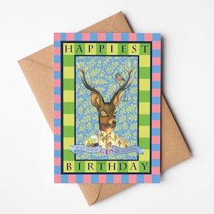 Biglietto di auguri di compleanno con cervo e gin, biglietto ecologico colorato per lei, biglietto di auguri stravagante per la mamma, messaggio scritto a mano opzionale