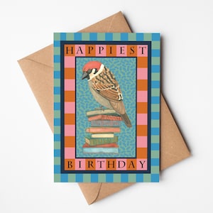 Mus op boeken verjaardagskaart, vogelwenskaart, handgeschilderde kaart voor moeder, optioneel handgeschreven bericht, milieuvriendelijke kaart voor haar