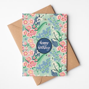 Chinoiserie bloemenverjaardagskaart, handgemaakte milieuvriendelijke kaart, Cottagecore-wenskaart, handschriftservice, aangepast bericht, rechtstreeks verzenden