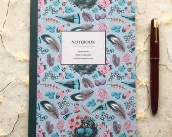 Feathers A5 Bound Notebook – 96 Lined Pages, Layflat Eco-Friendly Stationery, Hand-Illustrated Nature Journal for Writers & Book Lovers