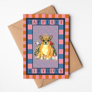 Chihuahuaverjaardagskaart, leuk leuk hondenontwerp, roze en blauw, milieuvriendelijke gerecyclede wenskaart, optioneel handgeschreven bericht, kaart voor haar