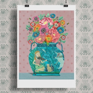 Stampa di bouquet di fiori ad acquerello, stampa artistica A4 di un dipinto originale, illustrazione di un vaso floreale, fiori ad acquerello colorati da parete