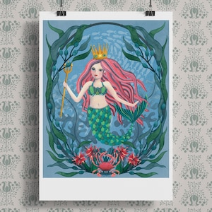 Arte mural de sirena, láminas A4, láminas ilustradas, decoración mitológica, arte mural pintado a mano para habitación infantil, lámina con temática oceánica.