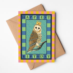 Carte de hibou le plus joyeux anniversaire, carte de voeux écologique originale et colorée, message manuscrit en option, carte pour maman, carte vierge pour elle