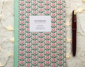 Daisy Stripe A5 Bound Notebook, 96 Lined Pages, Layflat Eco-Friendly Stationery, Hand-Illustrated Floral Journal for Book Lovers & Writers