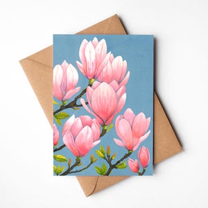 Magnolias-wenskaart, 5 x 7 handgeschilderde kaart, verjaardagskaart moeder, uniek cadeau voor haar, blanco wenskaart, optioneel handgeschreven bericht