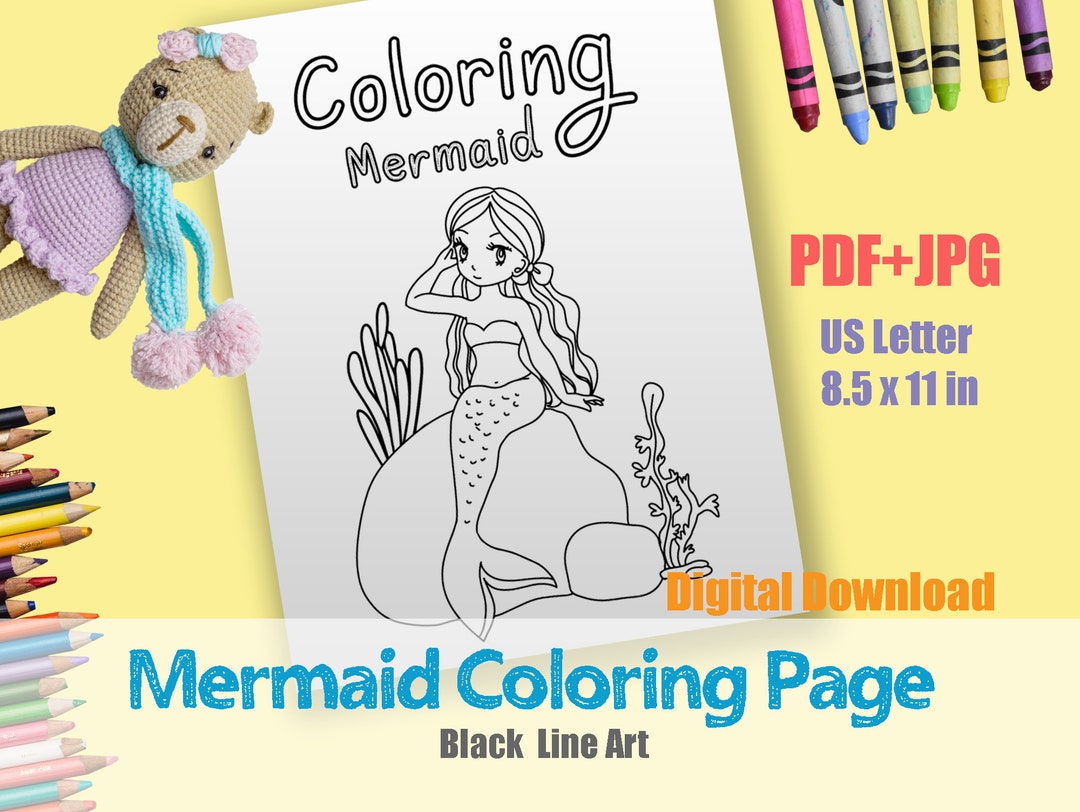 Mermaid Coloring Page Design#c, Long Hair Mermaid, Super Fun Coloring Activity for Girls - Etsy