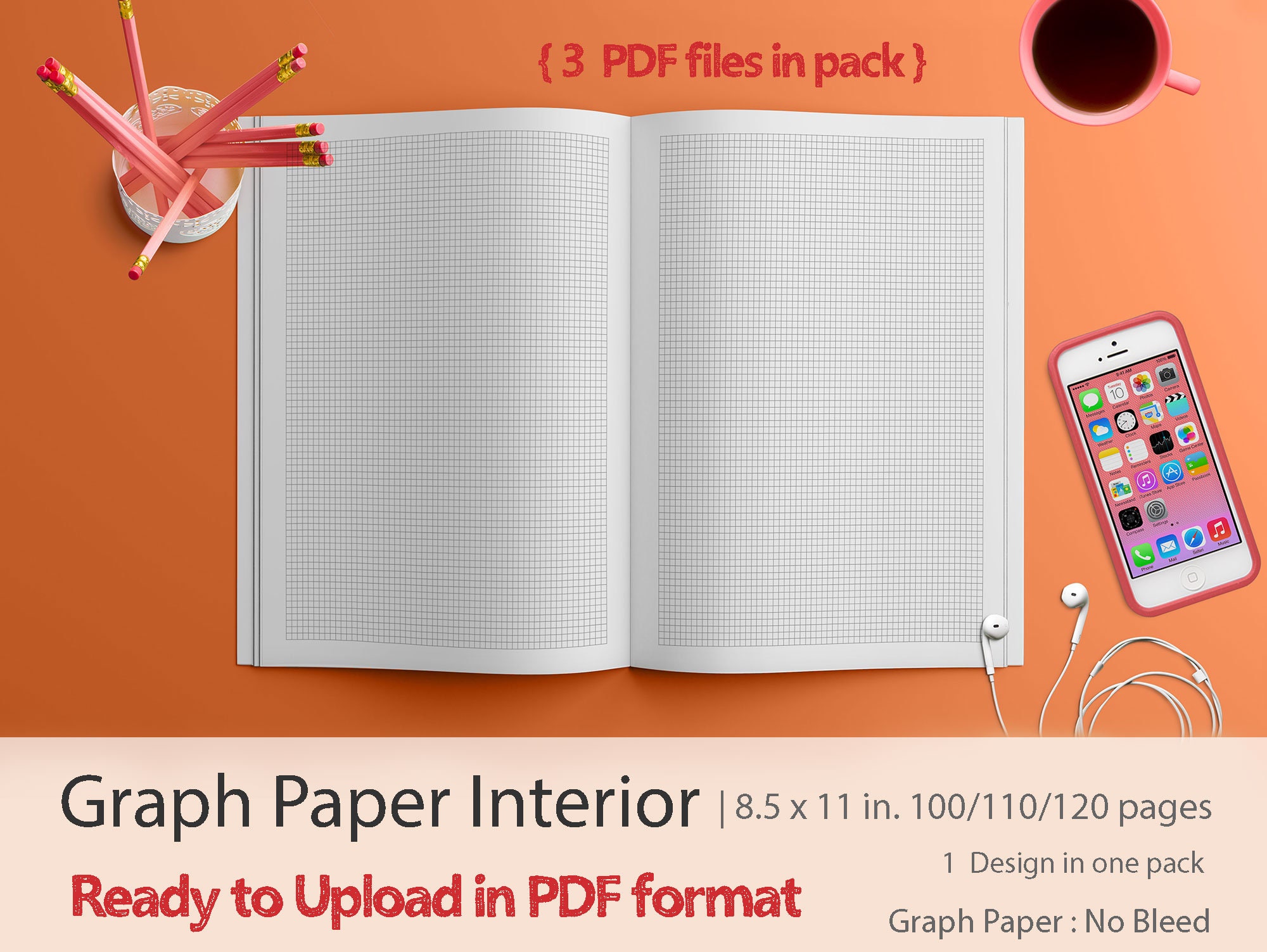 Graph Paper pack in 100/110/120 pages PDF format, standard size at 8.5 in. x 11 in. : ready to upload for KDP