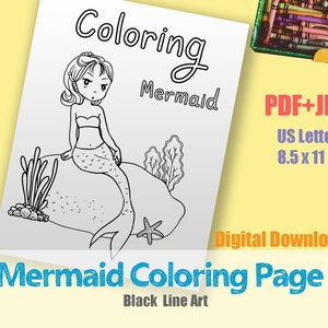 Mermaid Coloring Page Design#B, Short hair mermaid, super fun coloring activity for girls