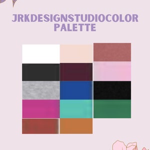 Op de afbeelding: Een kleurenpalet met een lichtroze achtergrond en bloemenillustraties. Het palet bevat een raster van kleurstalen, waaronder wit, zwart, grijs, roze, teal en bruin. De tekst "JRKDESIGNSTUDIOCOLOR PALETTE" wordt in paars weergegeven.