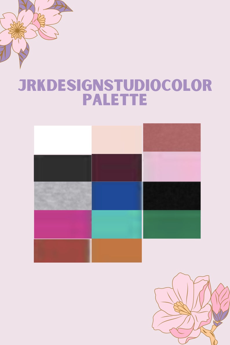 Op de afbeelding: Een kleurenpalet met een lichtroze achtergrond en bloemenillustraties. Het palet bevat een raster van kleurstalen, waaronder wit, zwart, grijs, roze, teal en bruin. De tekst "JRKDESIGNSTUDIOCOLOR PALETTE" wordt in paars weergegeven.