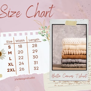 Op de afbeelding: Maattabel voor Bella Canvas T-shirts, met afmetingen in centimeters. De tabel geeft de maten S tot en met 2XL weer, met bijbehorende breedtes en lengtes. Een stapel opgevouwen truien op de achtergrond. De tekst "Size Chart" staat bovenaan.